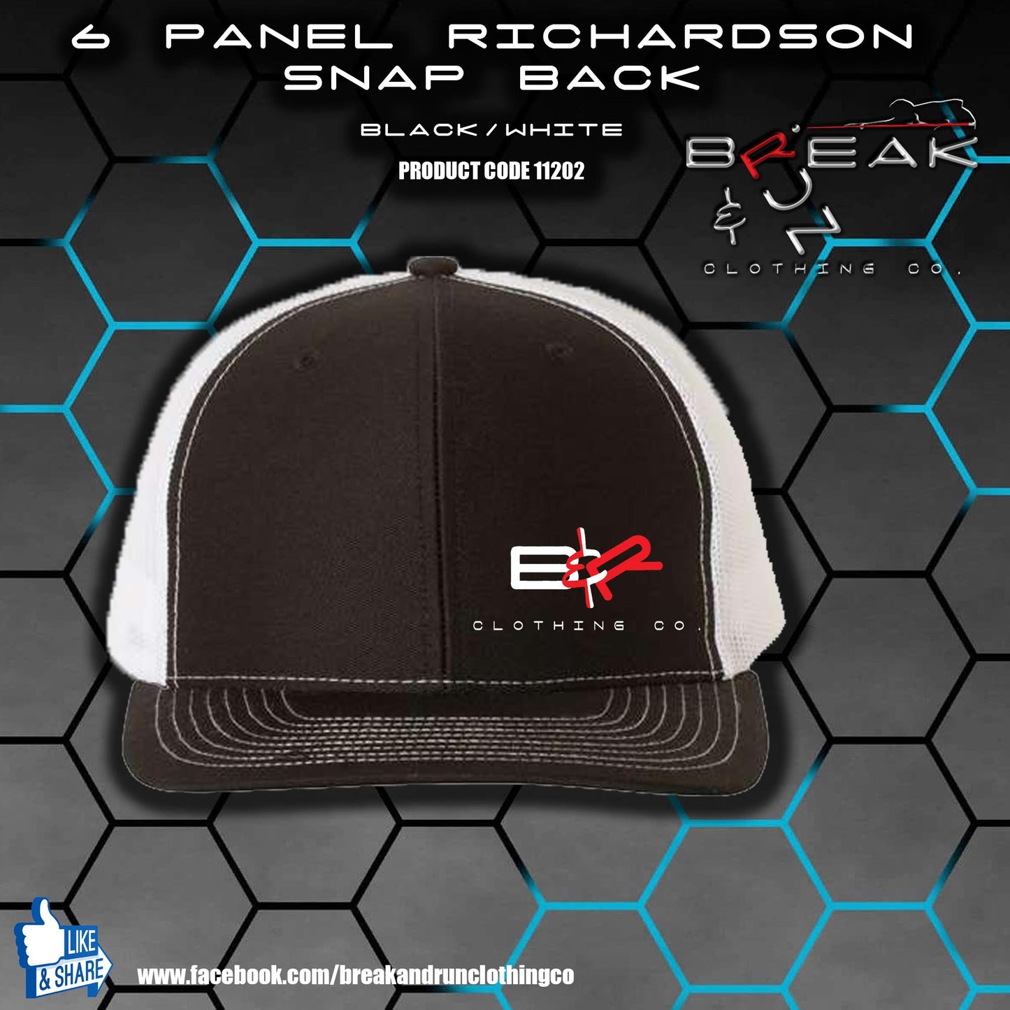 Richardson 6 Panel Snap Back Trucker Hat - Black/White - 11202