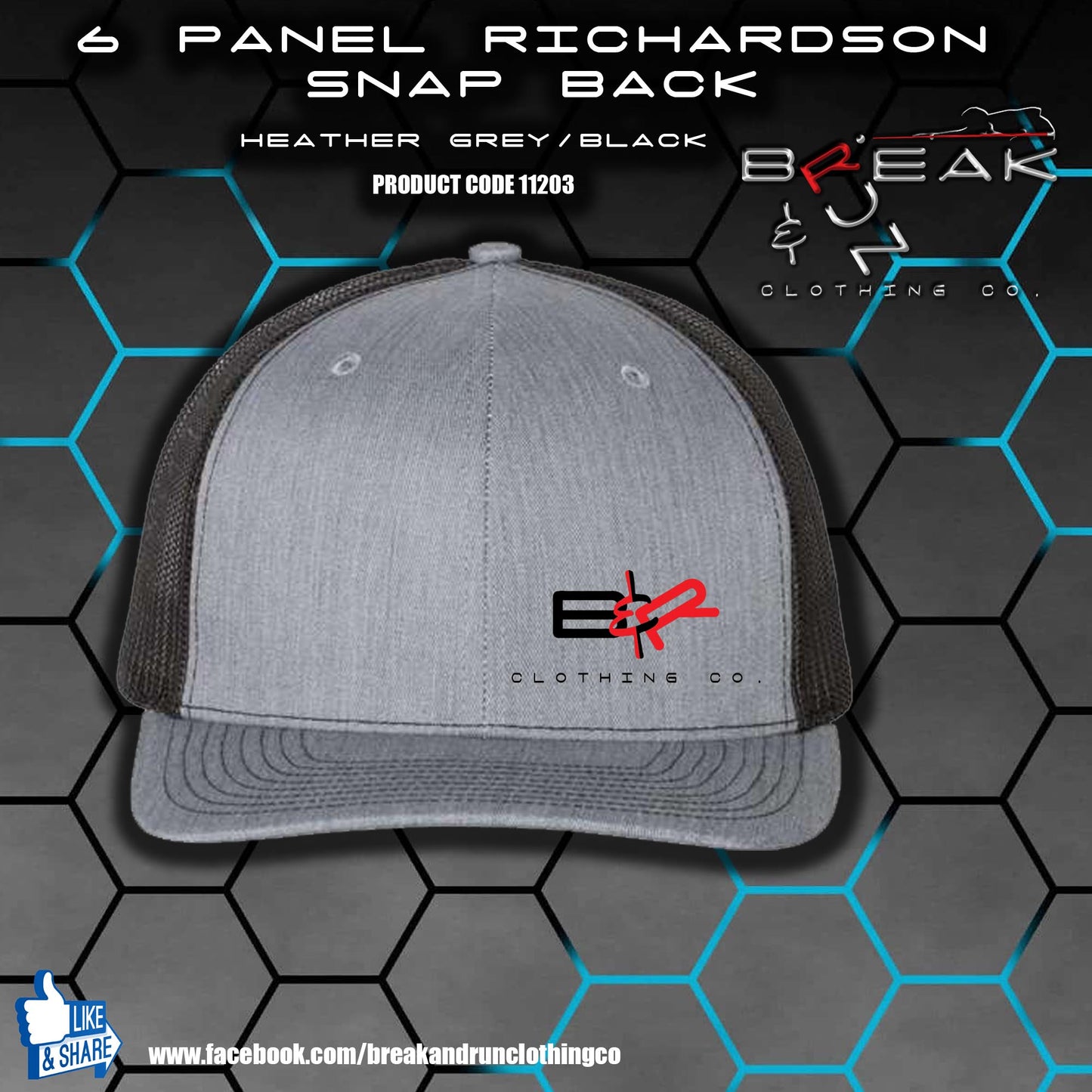 Richardson 6 Panel Snap Back Trucker Hat - Heather Grey/Black - 11203