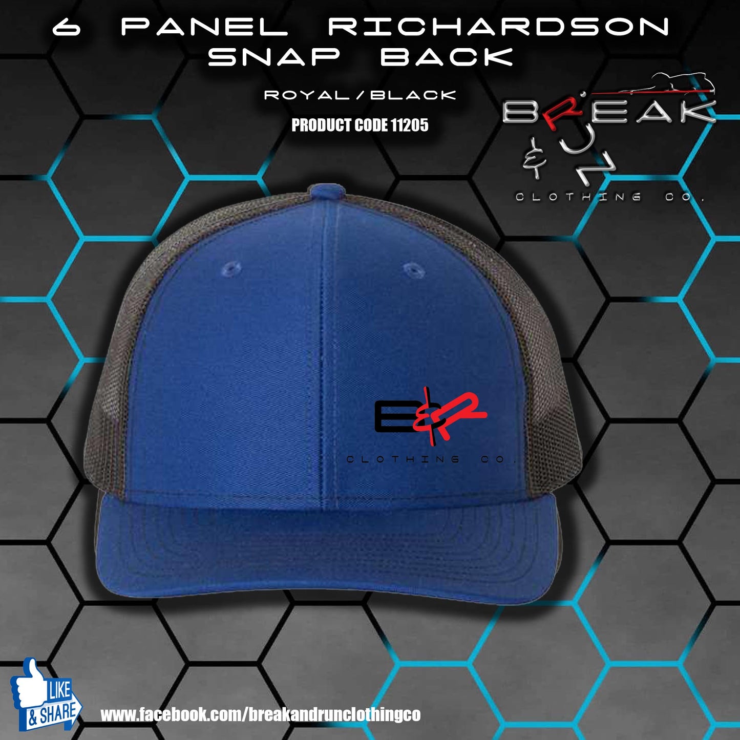 Richardson 6 Panel Snap Back Trucker Hat - Royal/Black - 11205