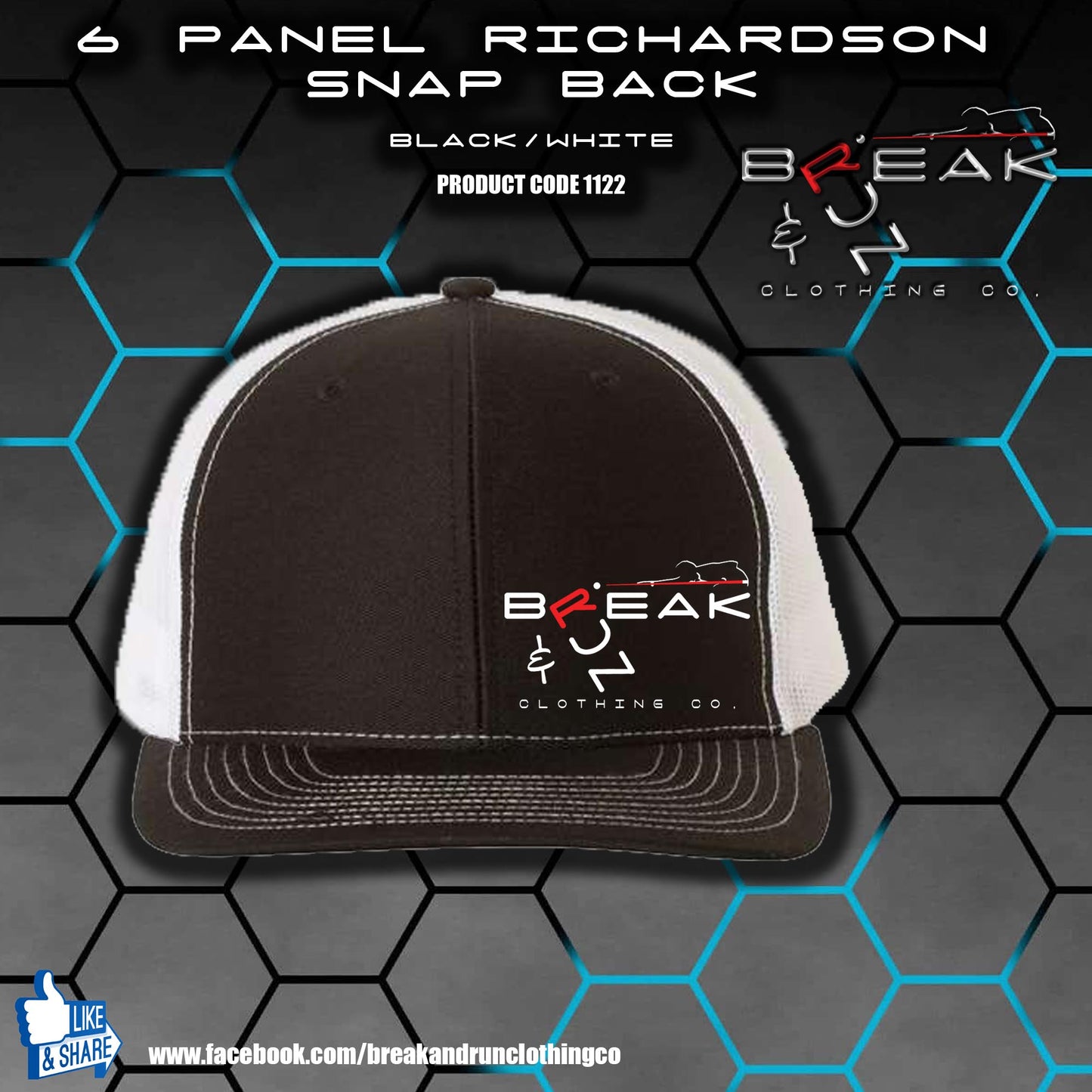 Richardson 6 Panel Snap Back Trucker Hat - Black/White - 1122
