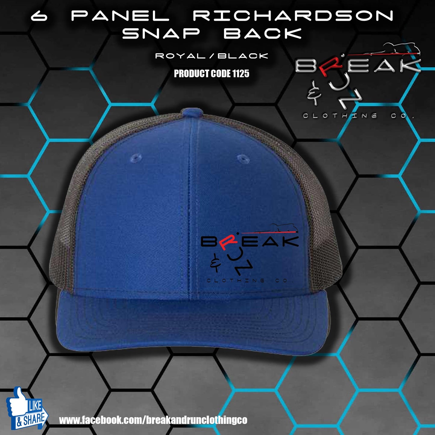 Richardson 6 Panel Snap Back Trucker Hat - Royal/Black - 1125